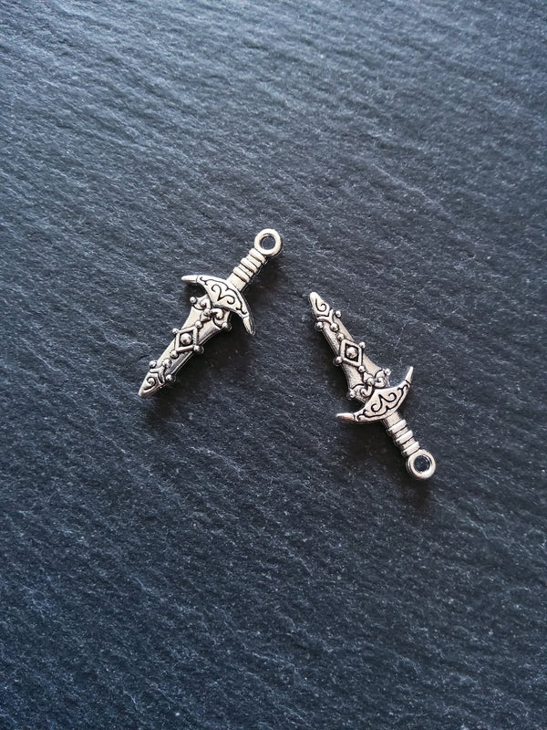10 or 50 Sword Charms Antique Silver Tone Metal Alloy 28x13mm