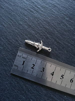 10 or 50 Sword Charms Antique Silver Tone Metal Alloy 28x13mm