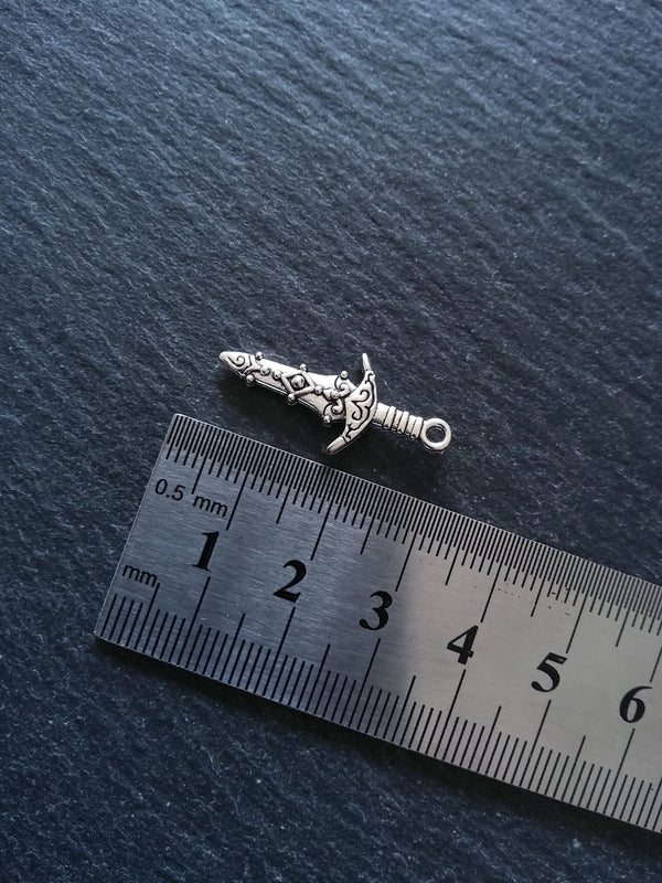 10 or 50 Sword Charms Antique Silver Tone Metal Alloy 28x13mm