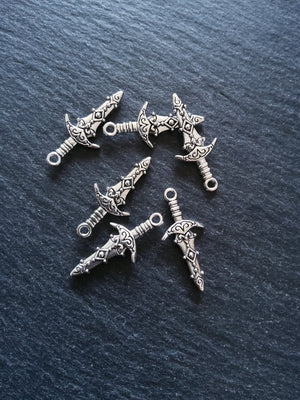10 or 50 Sword Charms Antique Silver Tone Metal Alloy 28x13mm