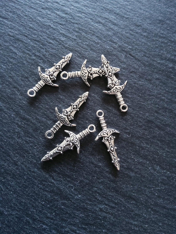 10 or 50 Sword Charms Antique Silver Tone Metal Alloy 28x13mm