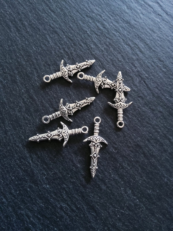 10 or 50 Sword Charms Antique Silver Tone Metal Alloy 28x13mm