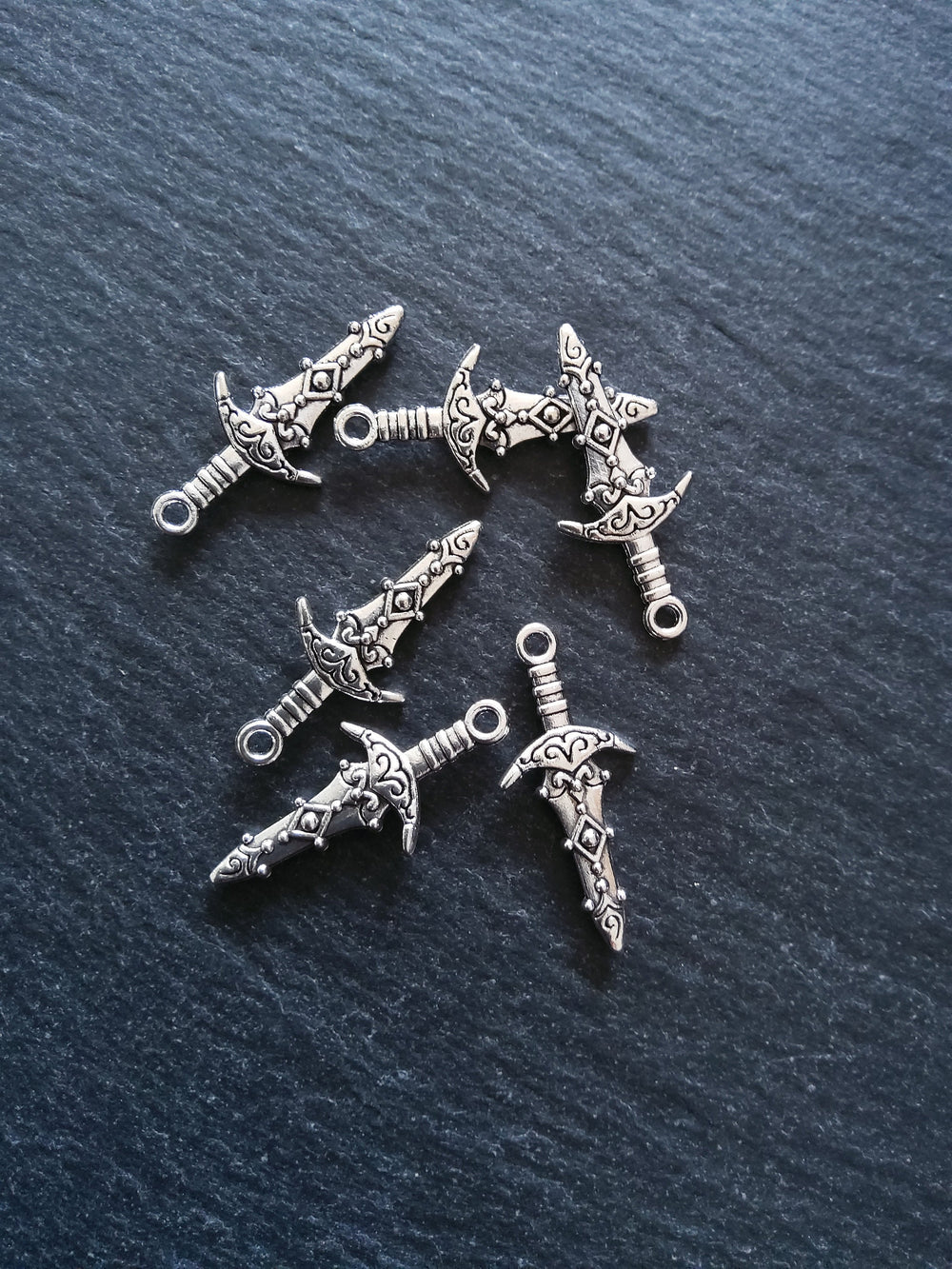 10 or 50 Sword Charms Antique Silver Tone Metal Alloy 28x13mm