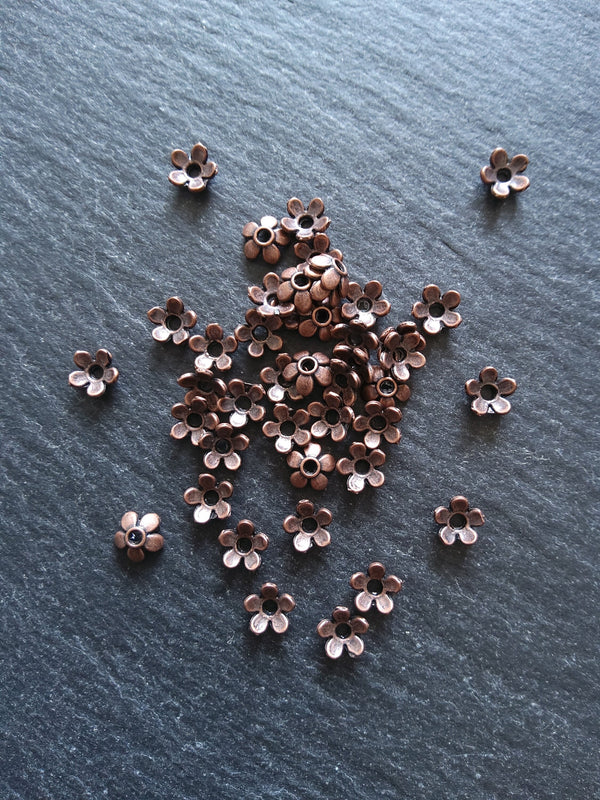 100 or 400 Flower Bead Caps 6mm Antique Copper Tone Alloy. Hole: 1mm