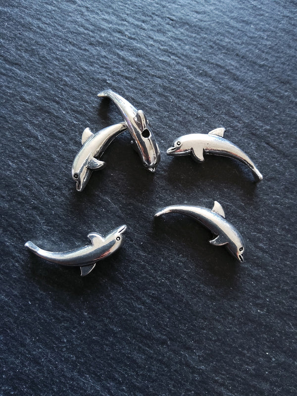 10 or 50 Dolphin Beads Antique Silver Tone 23x10mm