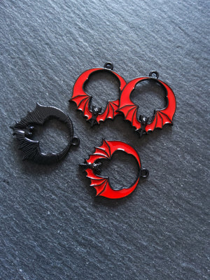 2 or 10 Flying Bat Charms in Black & Red Enamel 28x24mm