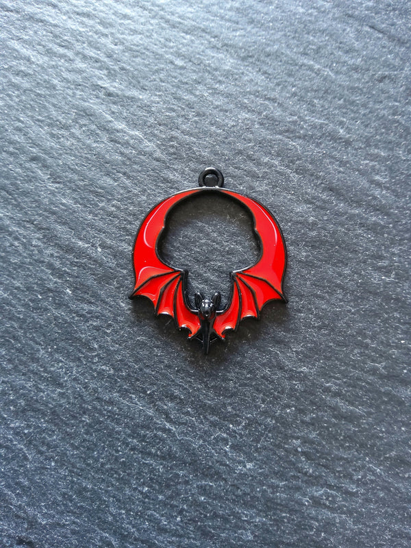 2 or 10 Flying Bat Charms in Black & Red Enamel 28x24mm