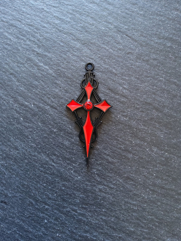 2 or 10 Gothic Black & Red Cross Crucifix Pendants with Red Rhinestone Antique 48x22mm