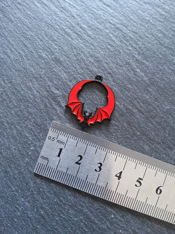 2 or 10 Flying Bat Charms in Black & Red Enamel 28x24mm