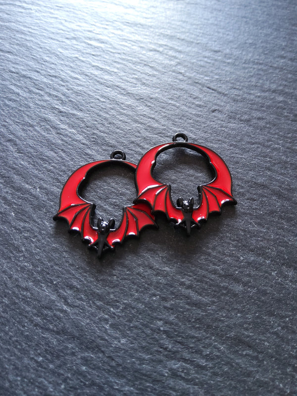 2 or 10 Flying Bat Charms in Black & Red Enamel 28x24mm