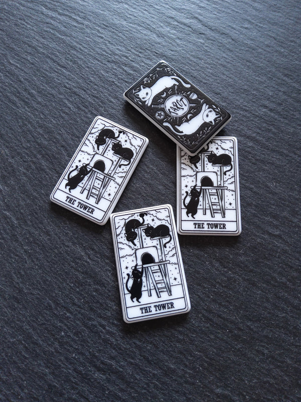 2 or 10 The Tower Cat Tarot Card Charms White & Black Resin 38x23mm