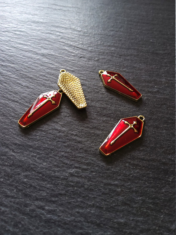 6 or 30 Coffin Shaped Pale Gold Cross Pendant with Red Enamel 25x11x3mm