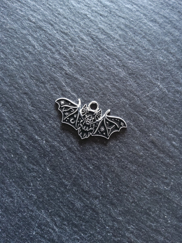 4 or 20 Flying Vampire Bat Charms Antique Silver Alloy & Black Enamel 26x14mm