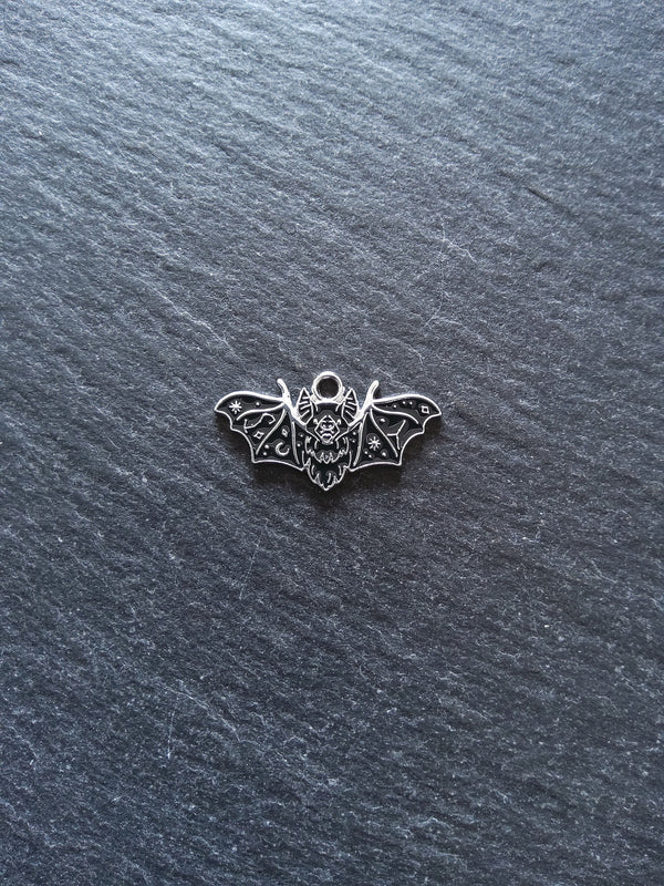 4 or 20 Flying Vampire Bat Charms Antique Silver Alloy & Black Enamel 26x14mm