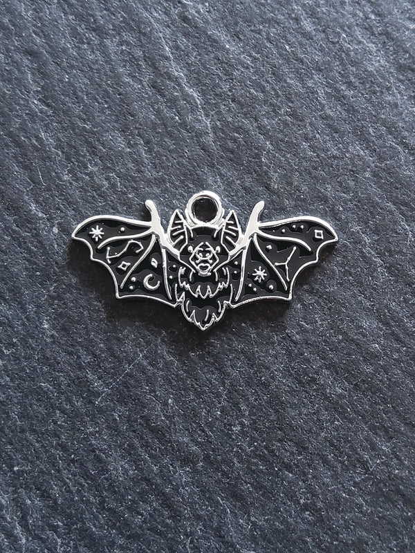 4 or 20 Flying Vampire Bat Charms Antique Silver Alloy & Black Enamel 26x14mm