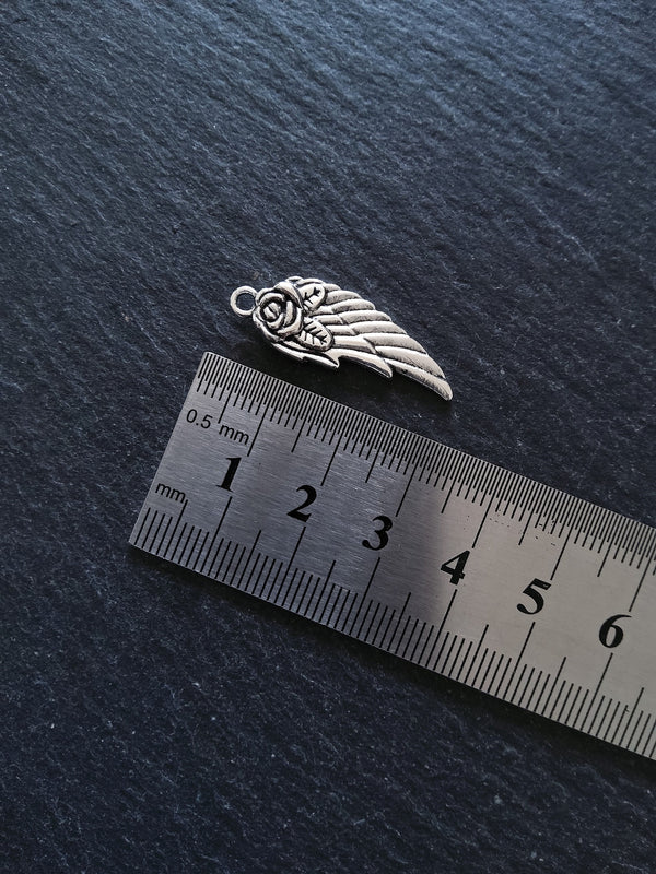 10 or 50 Wing Charms with Rose Antique Silver Tone 30x11x3mm Nickel FREE - ContentedCatz