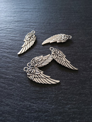 10 or 50 Wing Charms with Rose Antique Silver Tone 30x11x3mm Nickel FREE - ContentedCatz
