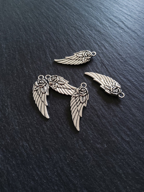 10 or 50 Wing Charms with Rose Antique Silver Tone 30x11x3mm Nickel FREE - ContentedCatz