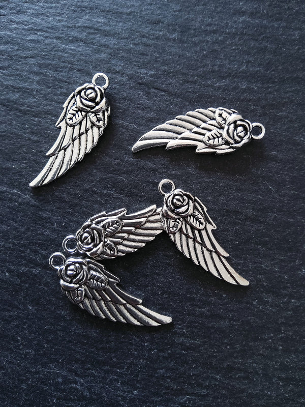 10 or 50 Wing Charms with Rose Antique Silver Tone 30x11x3mm Nickel FREE - ContentedCatz