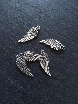 10 or 50 Wing Charms with Rose Antique Silver Tone 30x11x3mm Nickel FREE - ContentedCatz