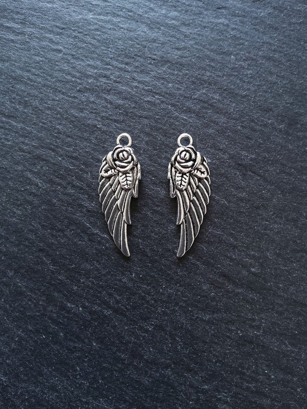 10 or 50 Wing Charms with Rose Antique Silver Tone 30x11x3mm Nickel FREE - ContentedCatz
