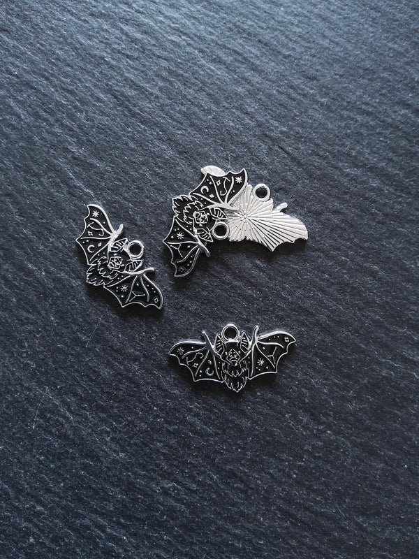 4 or 20 Flying Vampire Bat Charms Antique Silver Alloy & Black Enamel 26x14mm