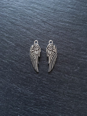 10 or 50 Wing Charms with Rose Antique Silver Tone 30x11x3mm Nickel FREE - ContentedCatz