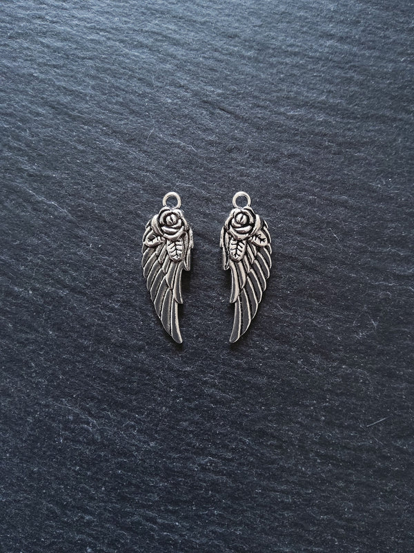 10 or 50 Wing Charms with Rose Antique Silver Tone 30x11x3mm Nickel FREE - ContentedCatz