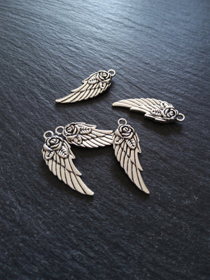 10 or 50 Wing Charms with Rose Antique Silver Tone 30x11x3mm Nickel FREE - ContentedCatz