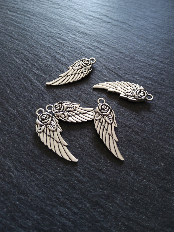 10 or 50 Wing Charms with Rose Antique Silver Tone 30x11x3mm Nickel FREE - ContentedCatz