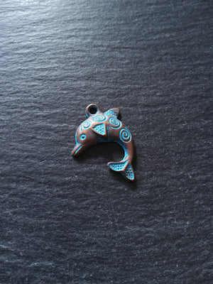 8 or 40 Antique Copper Dolphin Charms with Blue Patina 31x22mm