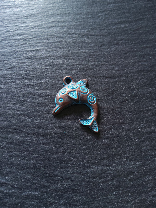 8 or 40 Antique Copper Dolphin Charms with Blue Patina 31x22mm