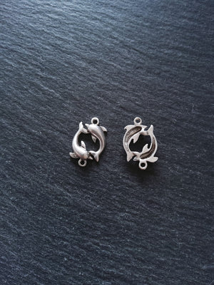 2 or 10 Dolphin Connector Charms Antiqued Sterling Silver Plated 14x21x3mm Nickel FREE