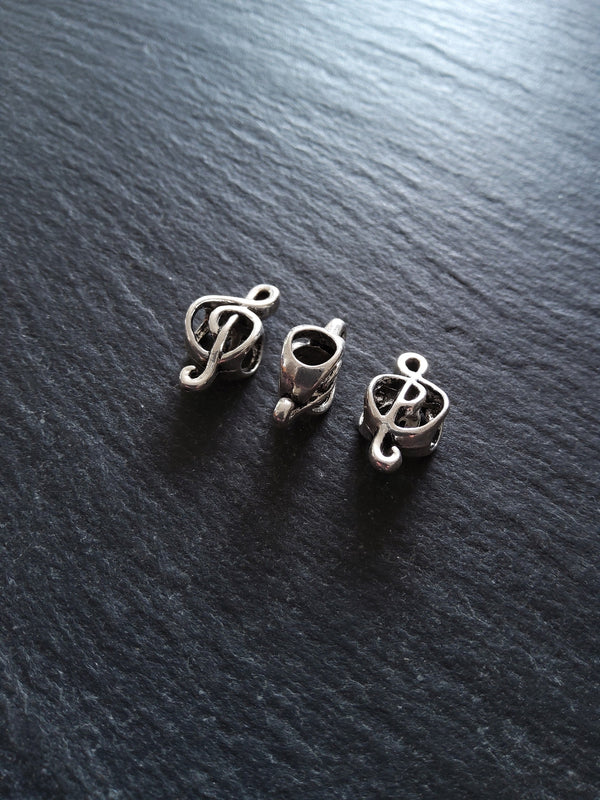10 or 50 Treble Clef Antique Silver Tone Beads 18x9x7mm Large 4.7mm Hole