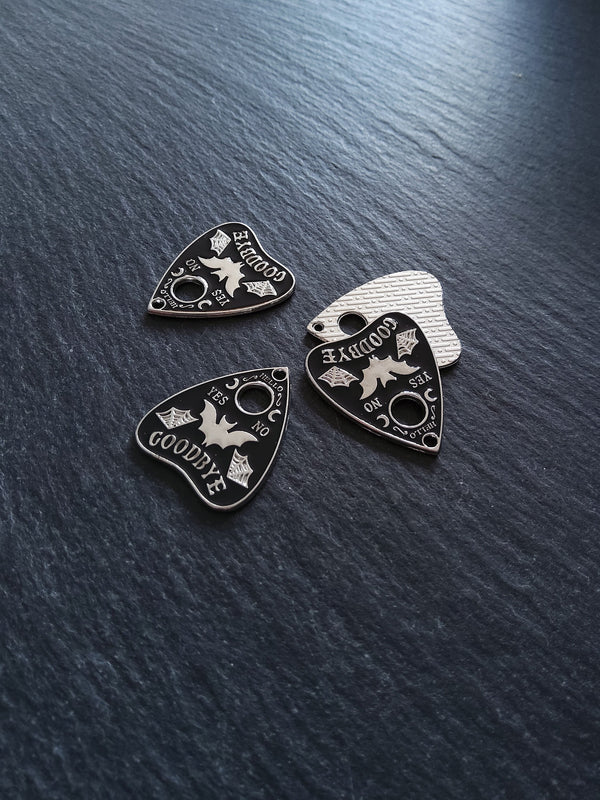 4 or 20 Silver Tone Ouija Bat Planchette Charms with Black Enamel 26x22mm