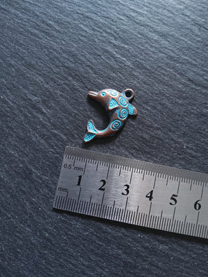 8 or 40 Antique Copper Dolphin Charms with Blue Patina 31x22mm