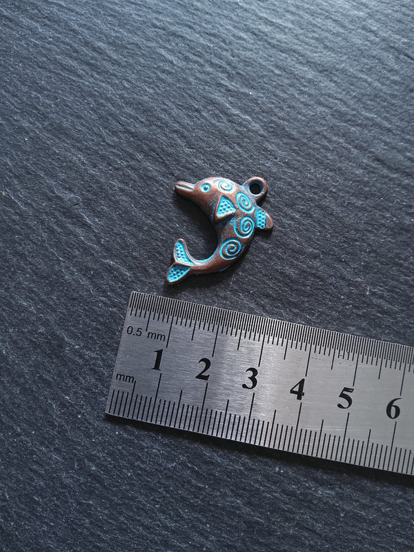 8 or 40 Antique Copper Dolphin Charms with Blue Patina 31x22mm
