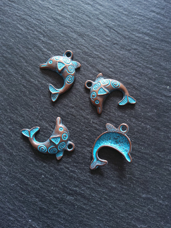 8 or 40 Antique Copper Dolphin Charms with Blue Patina 31x22mm