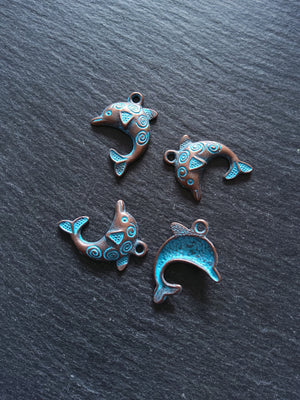 8 or 40 Antique Copper Dolphin Charms with Blue Patina 31x22mm