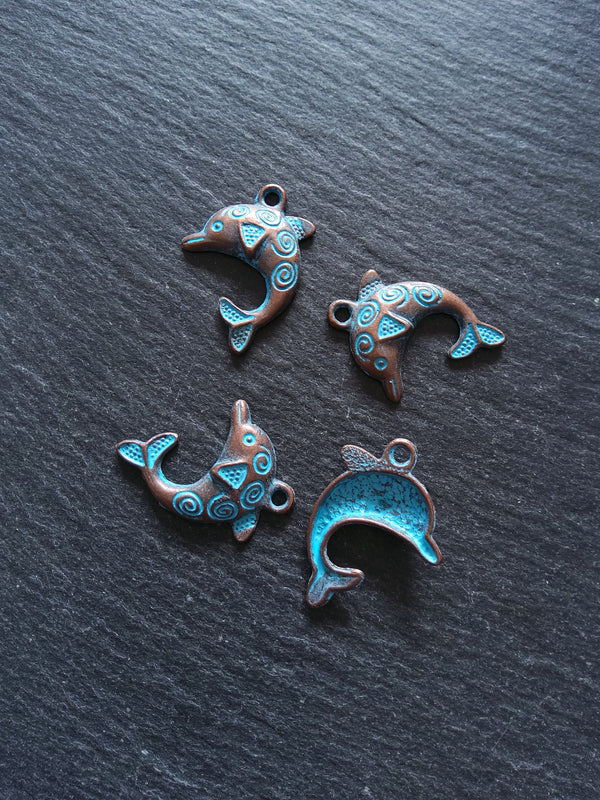 8 or 40 Antique Copper Dolphin Charms with Blue Patina 31x22mm