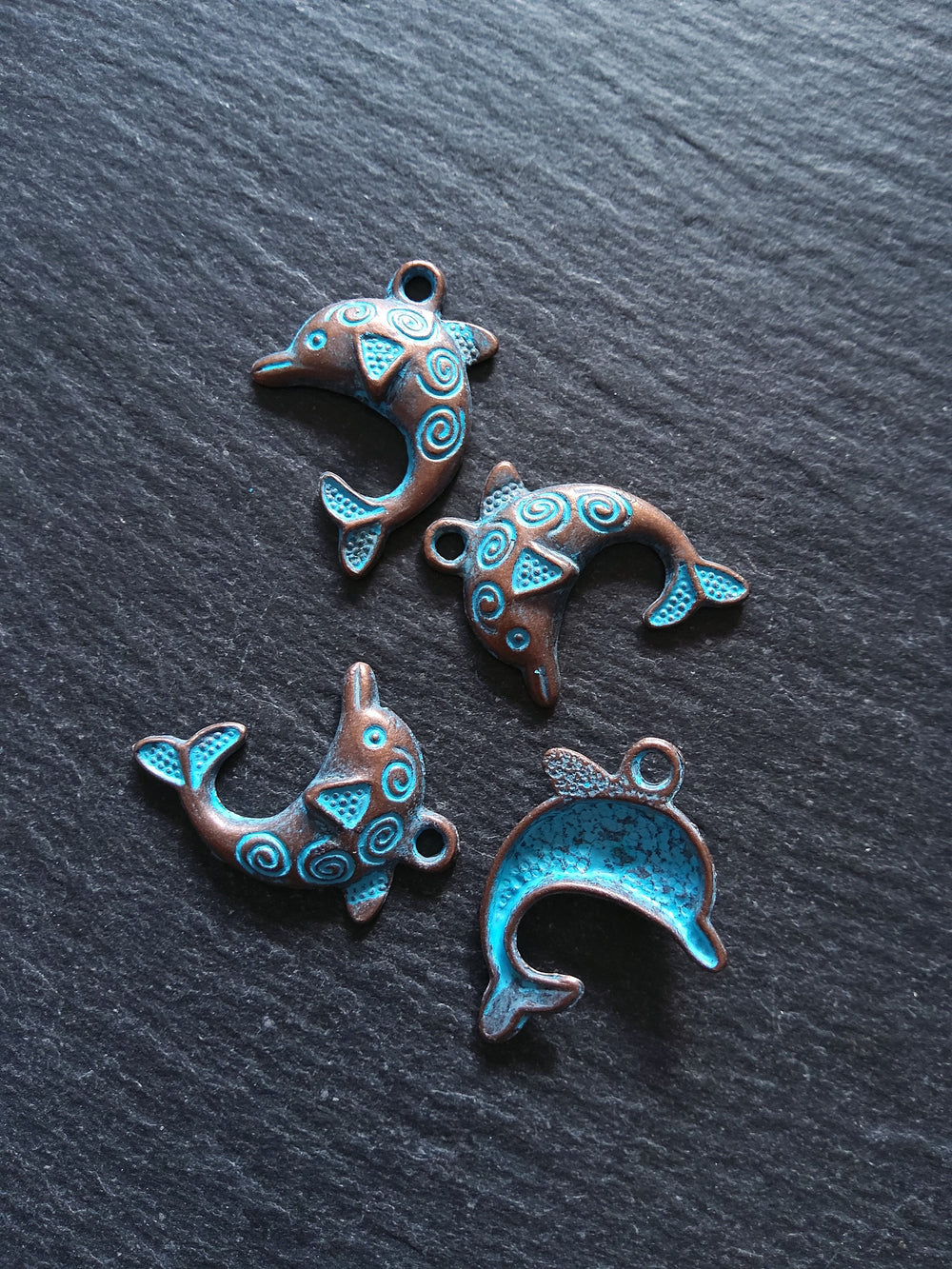 8 or 40 Antique Copper Dolphin Charms with Blue Patina 31x22mm