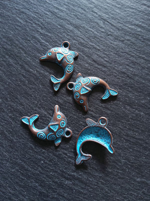 8 or 40 Antique Copper Dolphin Charms with Blue Patina 31x22mm