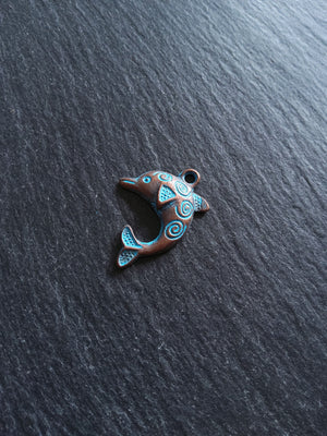 8 or 40 Antique Copper Dolphin Charms with Blue Patina 31x22mm