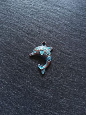 8 or 40 Antique Copper Dolphin Charms with Blue Patina 31x22mm