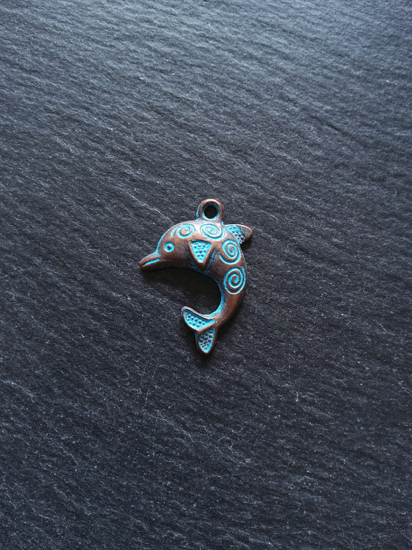 8 or 40 Antique Copper Dolphin Charms with Blue Patina 31x22mm