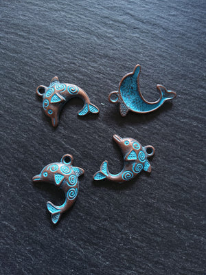 8 or 40 Antique Copper Dolphin Charms with Blue Patina 31x22mm