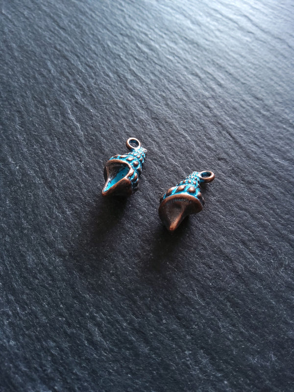 4 or 20 Antique Copper Shell Charms with Blue Patina 21x10mm