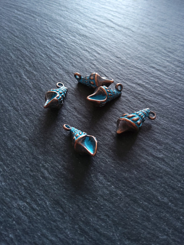 4 or 20 Antique Copper Shell Charms with Blue Patina 21x10mm