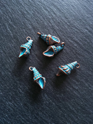 4 or 20 Antique Copper Shell Charms with Blue Patina 21x10mm