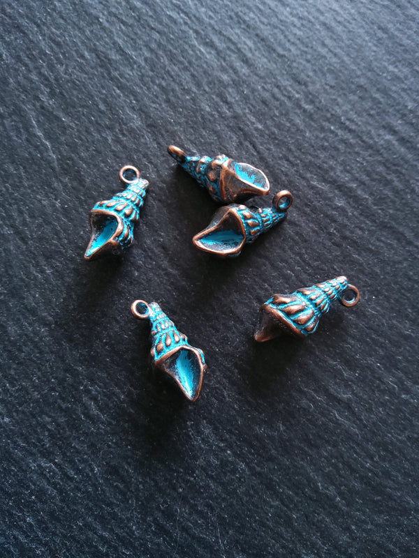 4 or 20 Antique Copper Shell Charms with Blue Patina 21x10mm